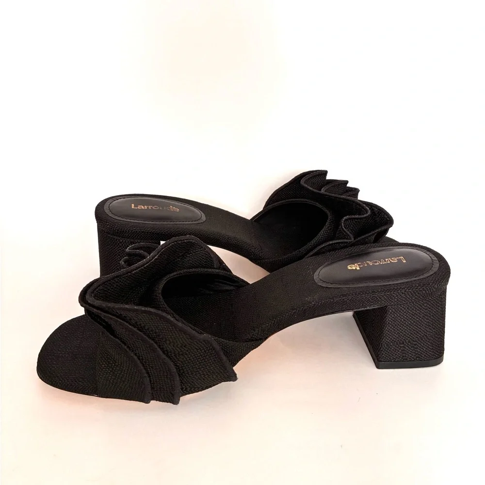 Larroude Brigitte Ruffle Raffia Block Heel Sandals (9.5) - Picture 4 of 13